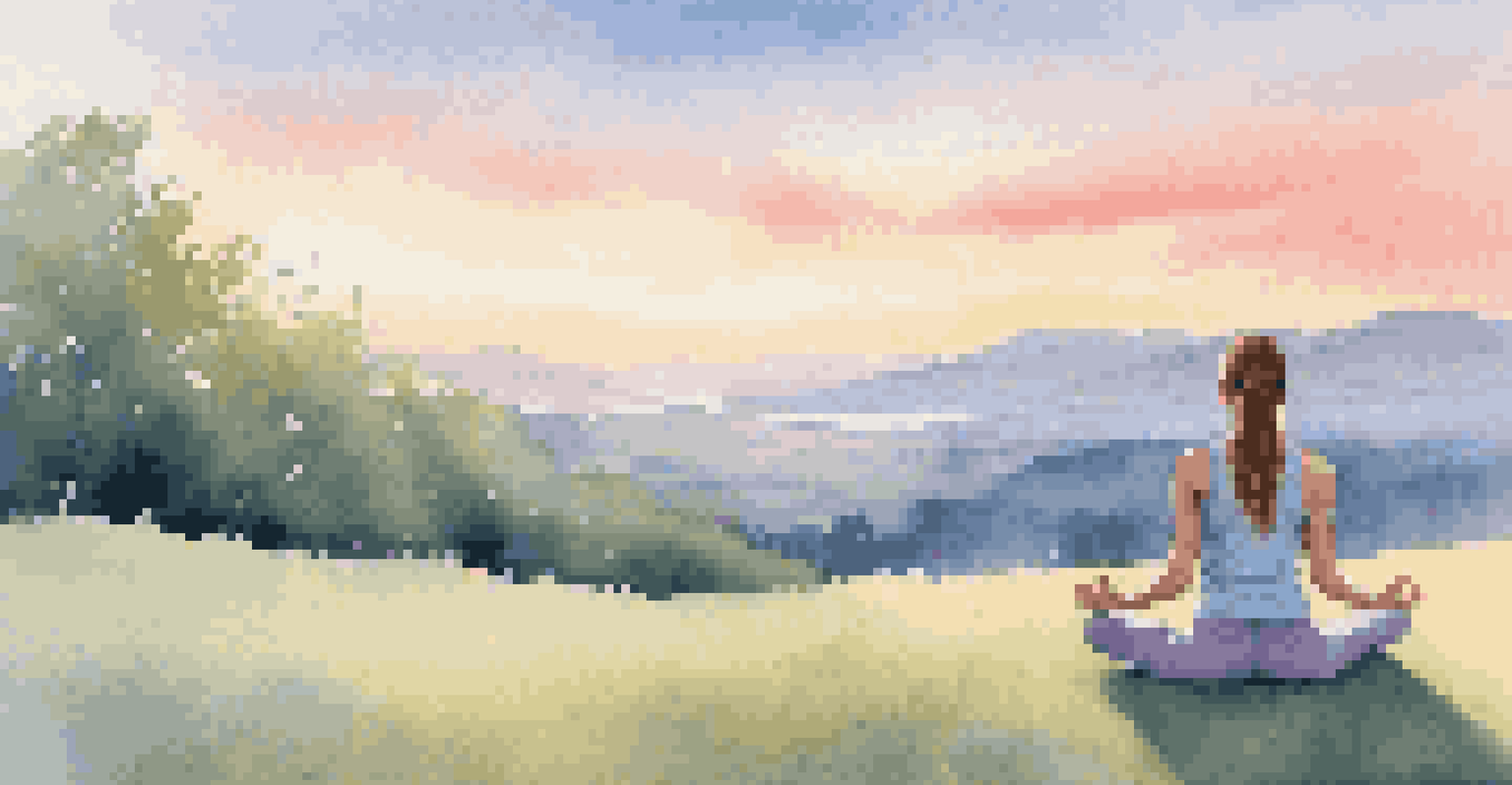 A woman practicing gentle yoga on a grassy hill at sunrise, surrounded by nature and colorful flowers.