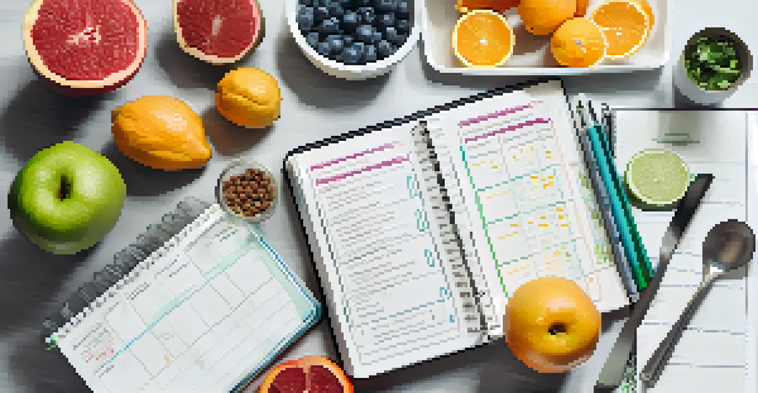 A flat lay image of a nutrition plan with a notebook, measuring cups, fresh fruits, and a water bottle.
