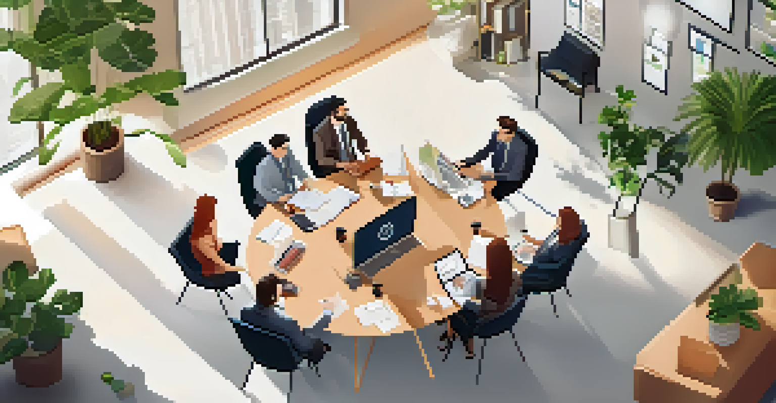 A group of colleagues discussing mentorship in a modern office setting, surrounded by plants and stylish furniture.