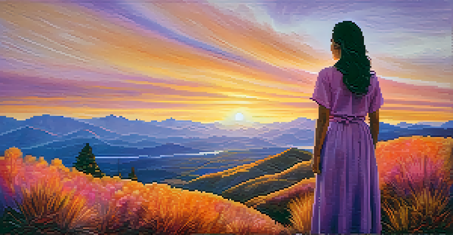 A woman standing at the edge of a scenic landscape with mountains and a sunset, symbolizing hope and new beginnings after loss.