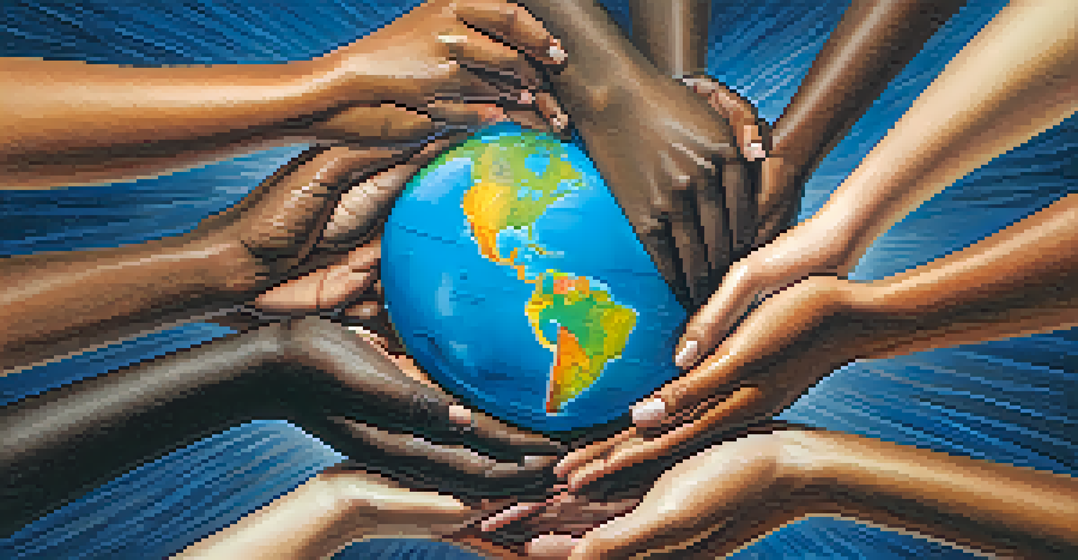 Close-up of diverse hands holding a heart-shaped globe representing global health equity, with various skin tones and a colorful globe.