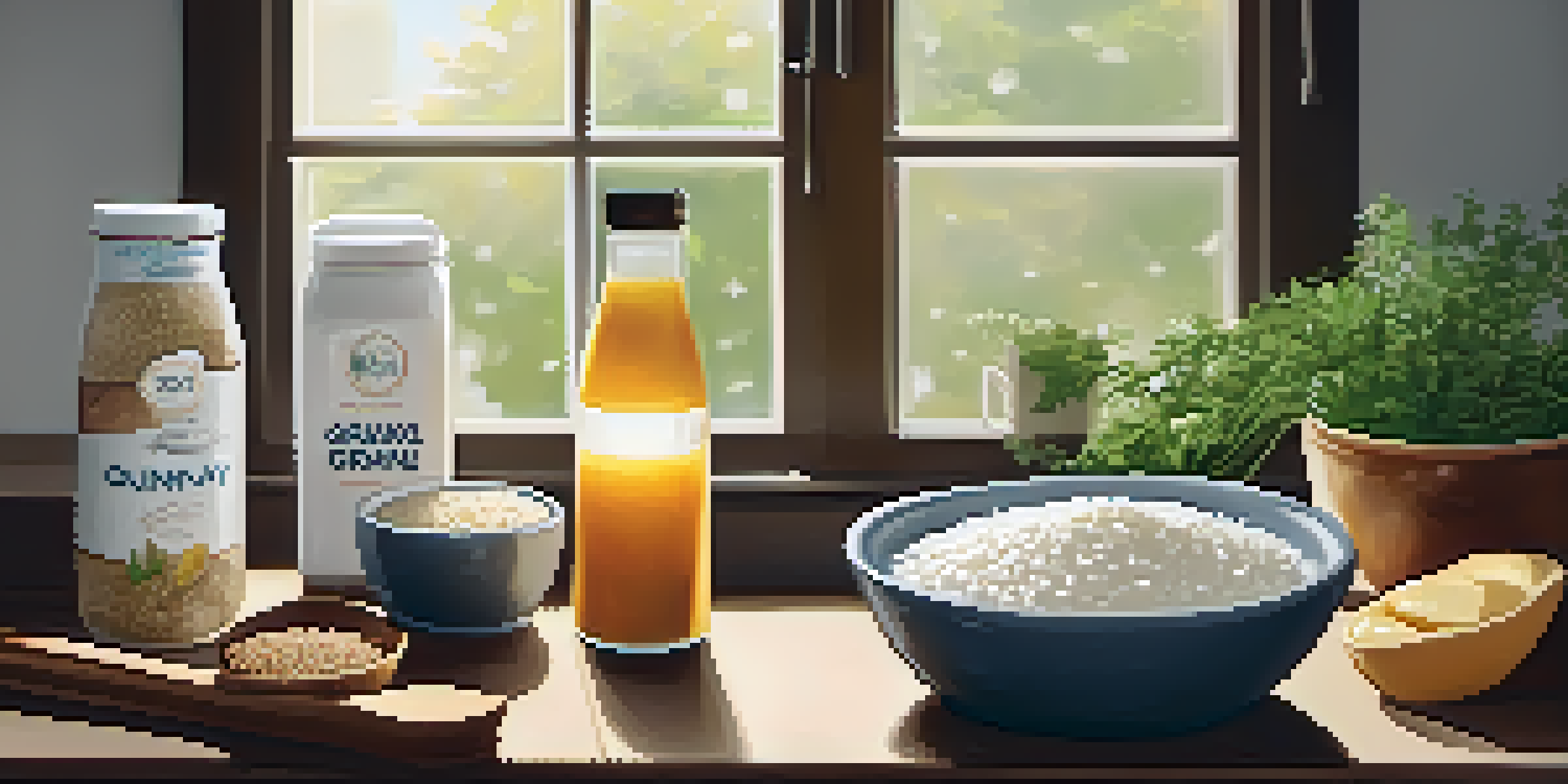 A kitchen countertop displaying healthy ingredient swaps like Greek yogurt, quinoa, and honey, with soft natural lighting.