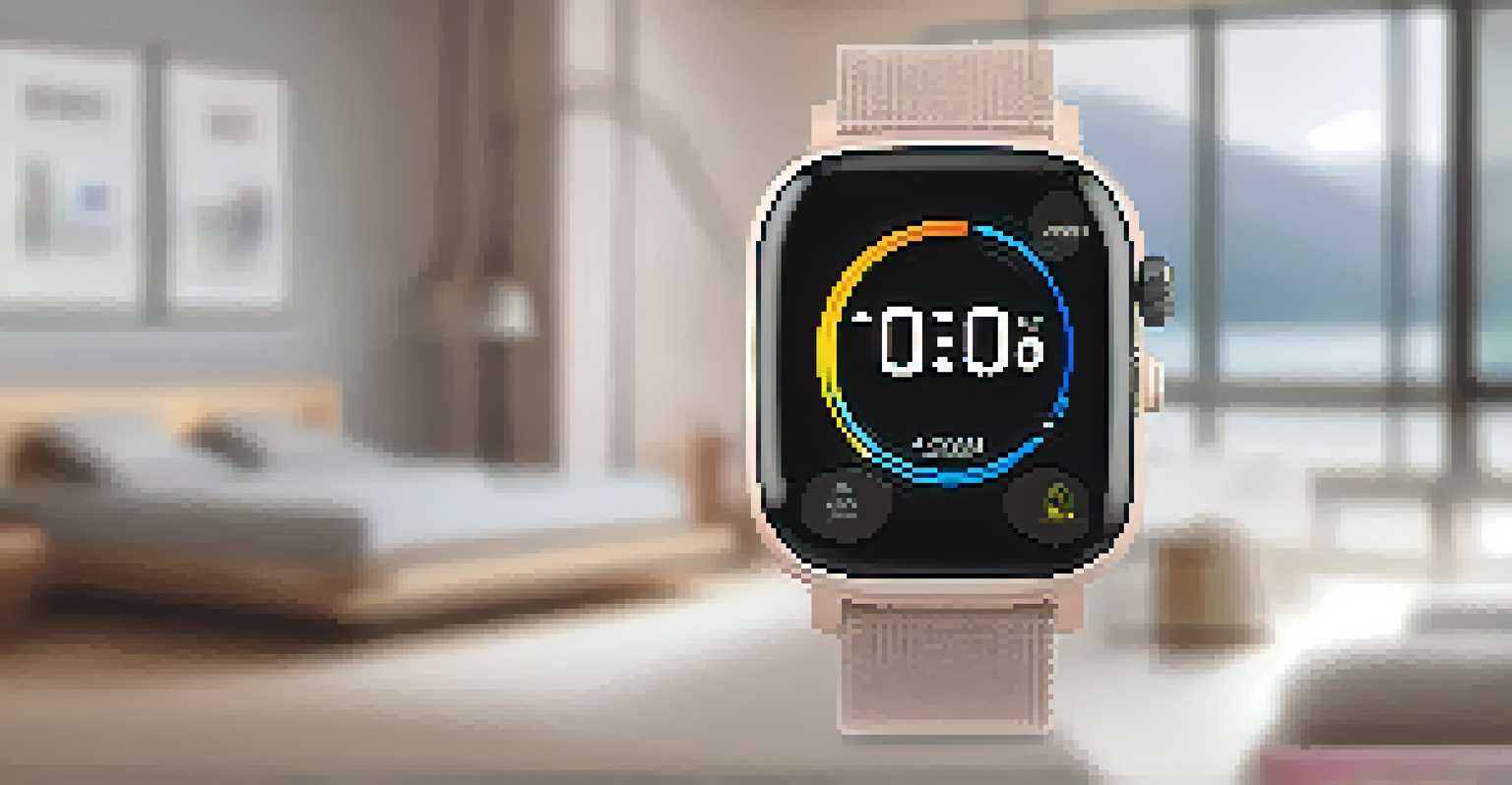 A close-up of a smartwatch with sleep tracking data displayed, set against a blurred background of a peaceful bedroom.