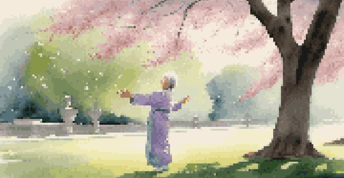 An elderly woman in a park practicing Tai Chi, performing the 'Cloud Hands' movement, surrounded by cherry blossom trees and soft morning light.