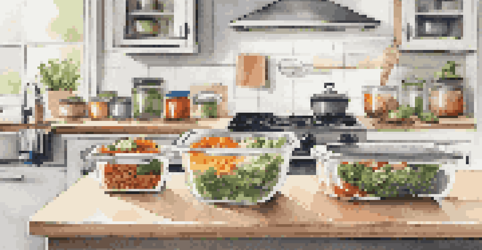 A kitchen counter displaying neatly organized meal prep containers filled with various healthy meals, with chopped vegetables and recipe cards nearby.