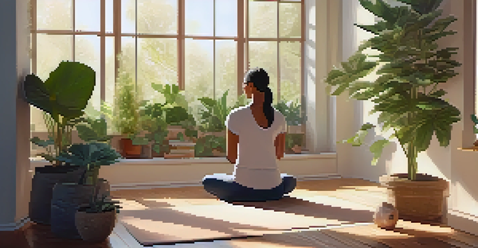 A wellness coach demonstrating mindfulness meditation to a client in a bright, plant-filled room.