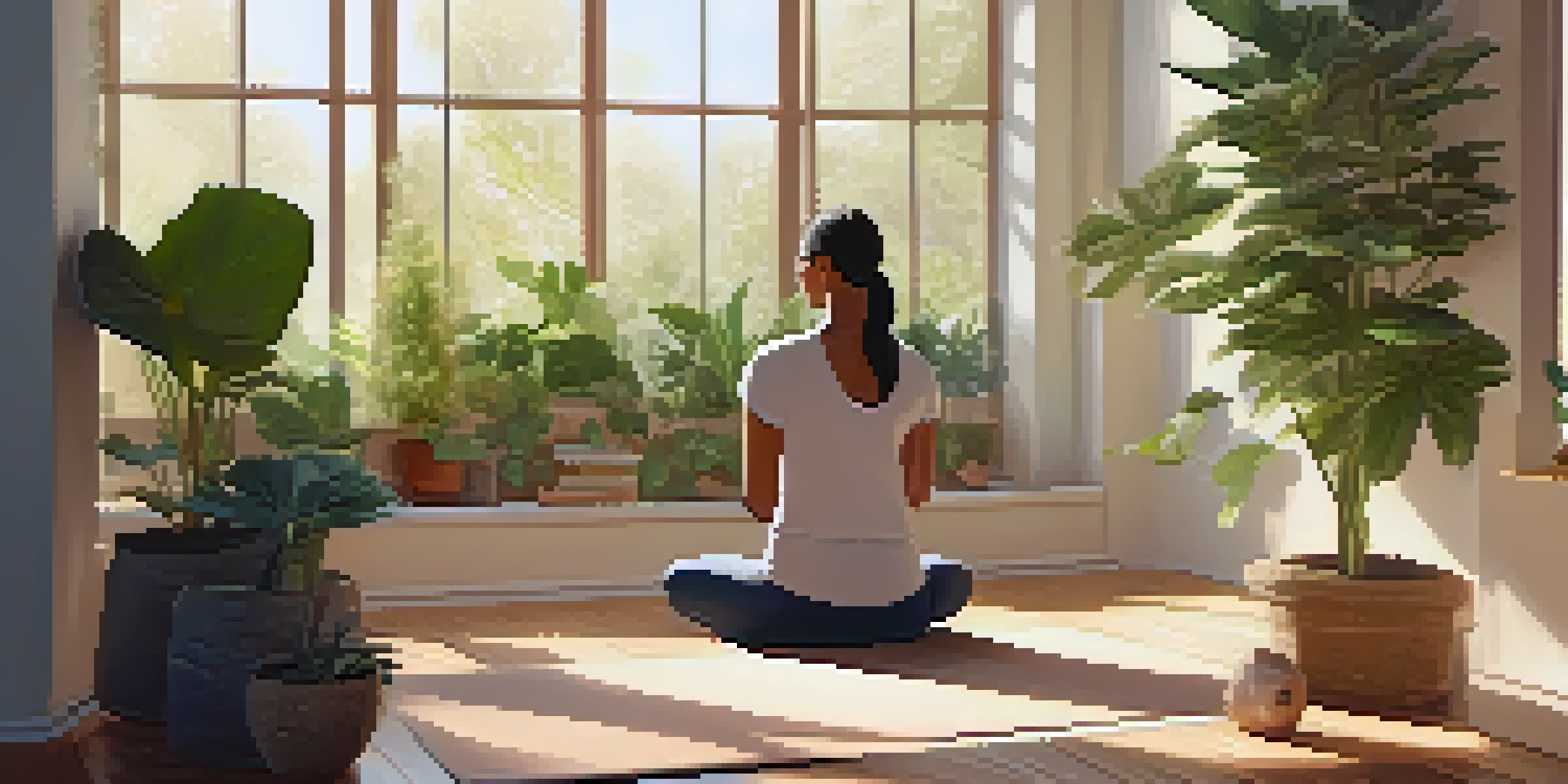 A wellness coach demonstrating mindfulness meditation to a client in a bright, plant-filled room.