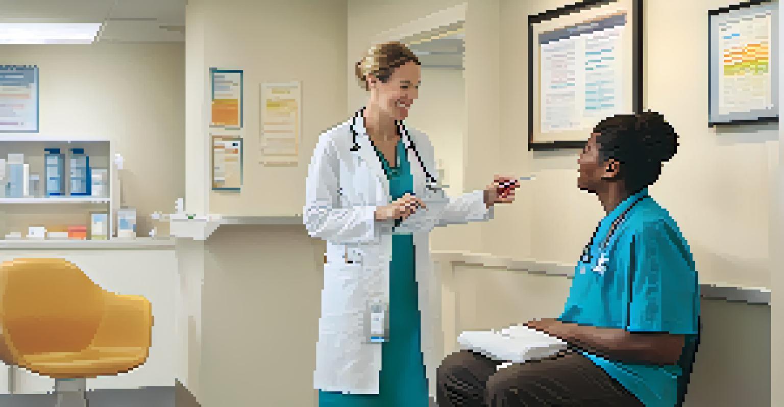 A healthcare provider explaining vaccination options to a patient in a bright clinic.