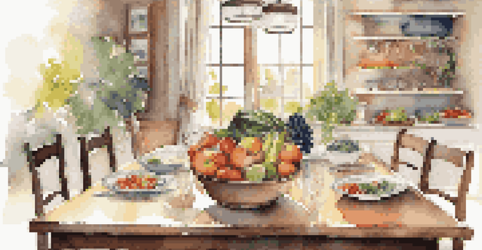 A beautifully set dining table with colorful, fresh foods, creating a peaceful environment for mindful eating.