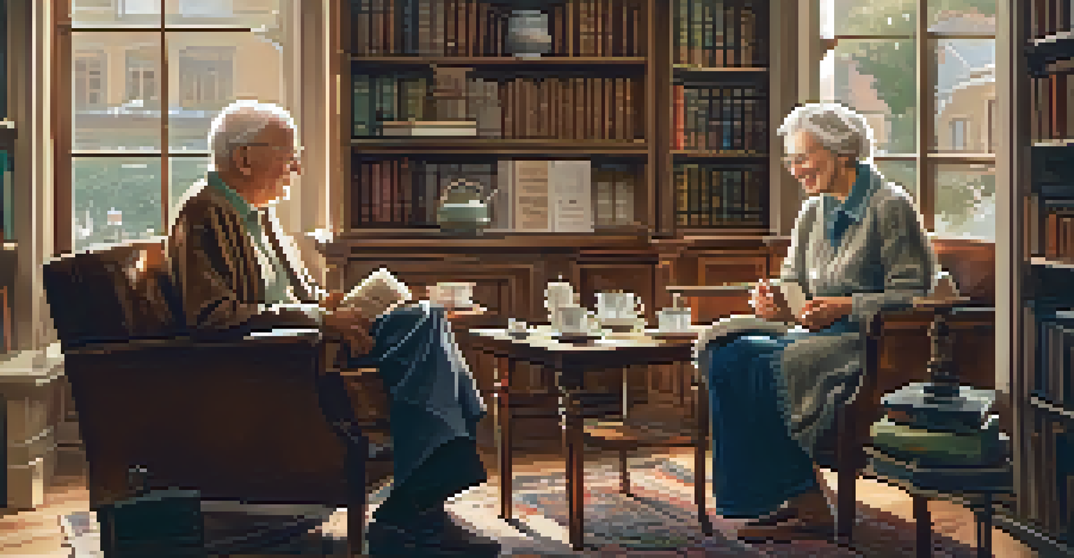 Two elderly friends having tea and chatting warmly in a cozy room filled with books.