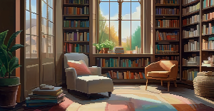 A cozy reading nook with a comfortable armchair, blankets, and a cup of tea, illuminated by natural light from a window, surrounded by books and plants.