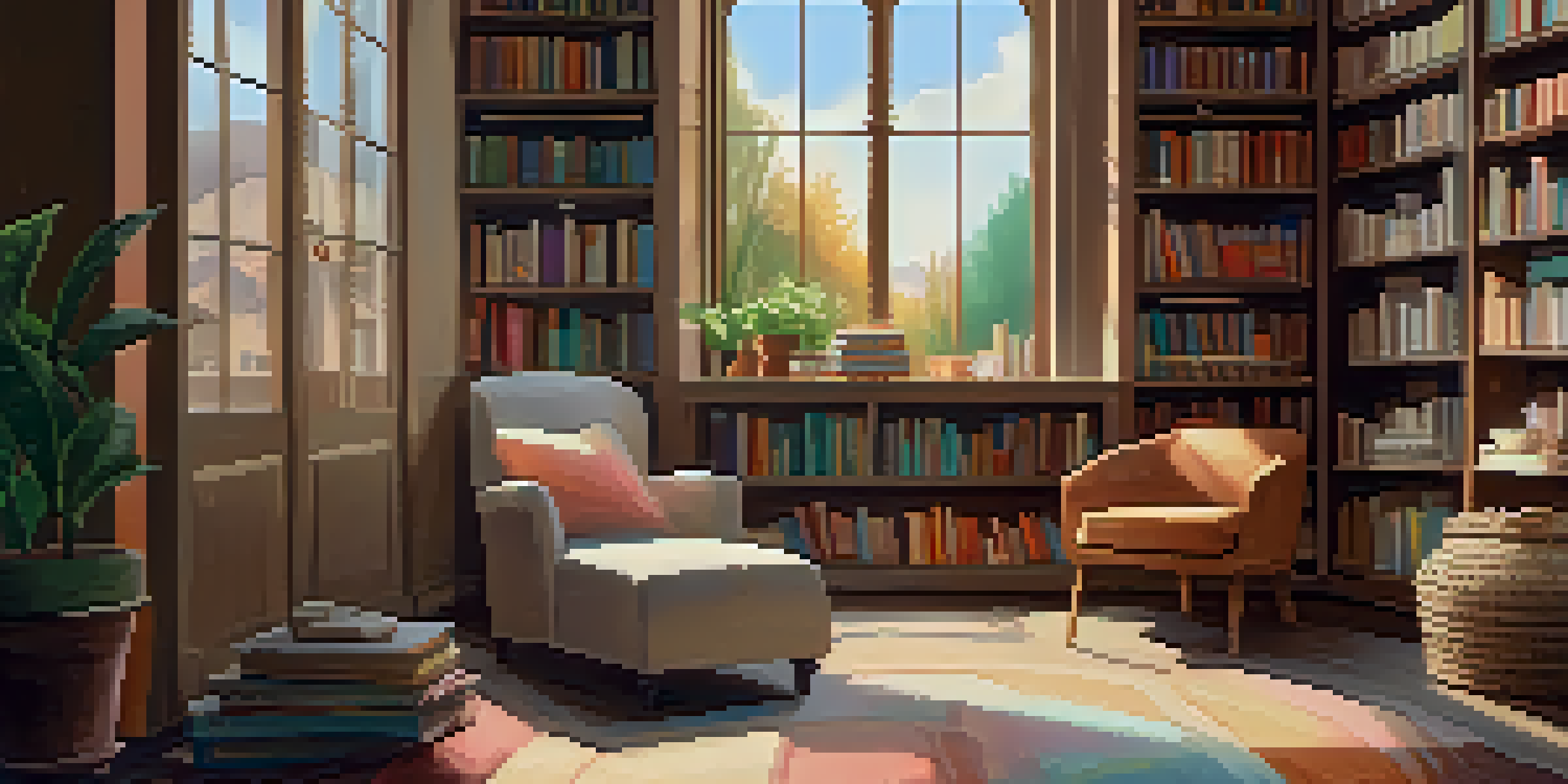 A cozy reading nook with a comfortable armchair, blankets, and a cup of tea, illuminated by natural light from a window, surrounded by books and plants.