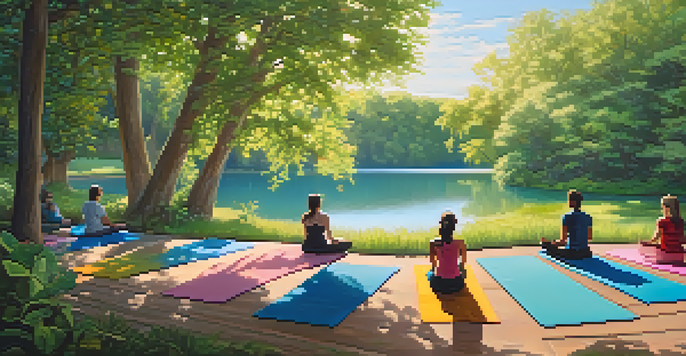 A group of people practicing yoga on colorful mats in a serene outdoor setting with lush greenery and a lake in the background.