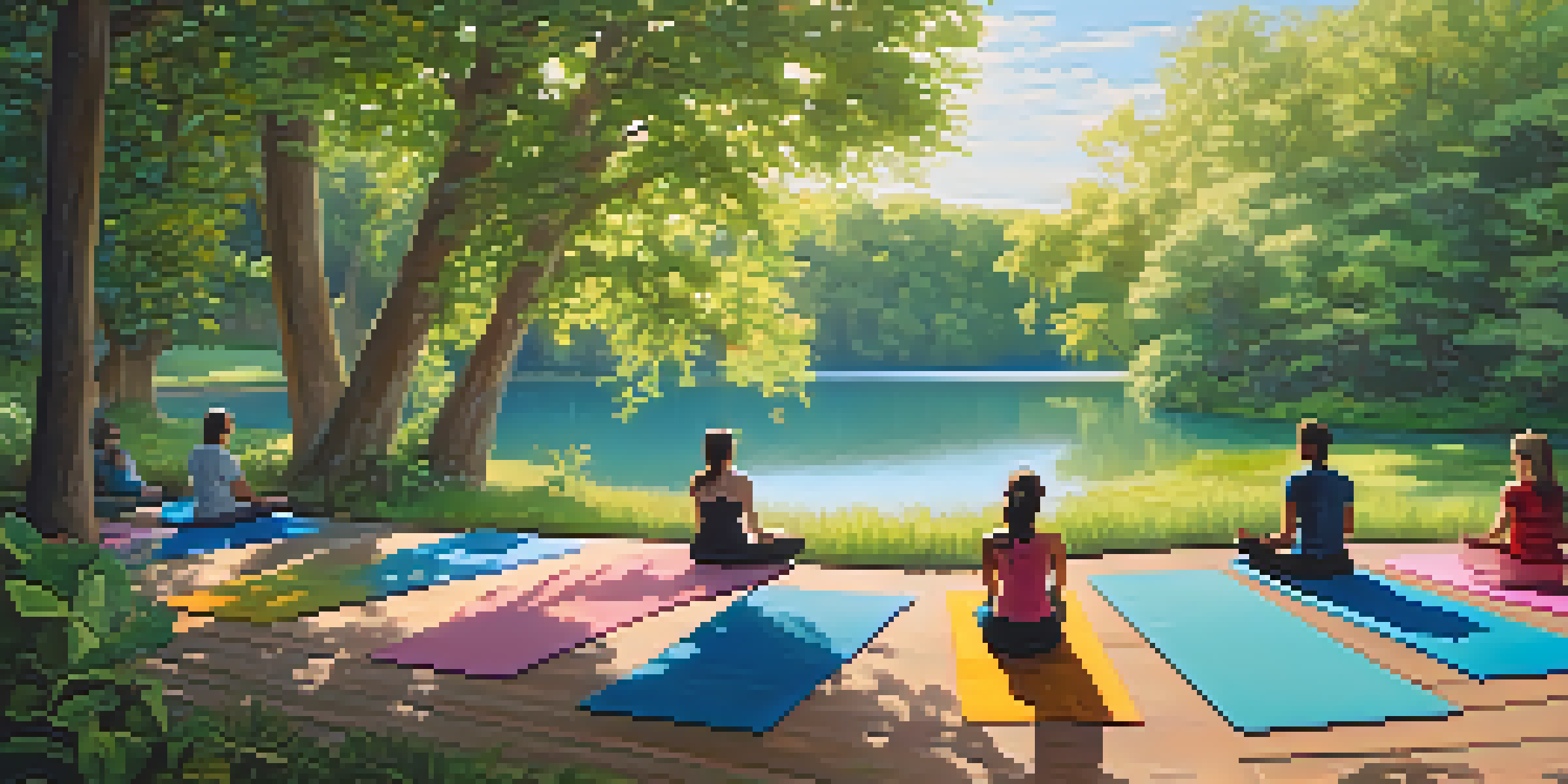A group of people practicing yoga on colorful mats in a serene outdoor setting with lush greenery and a lake in the background.