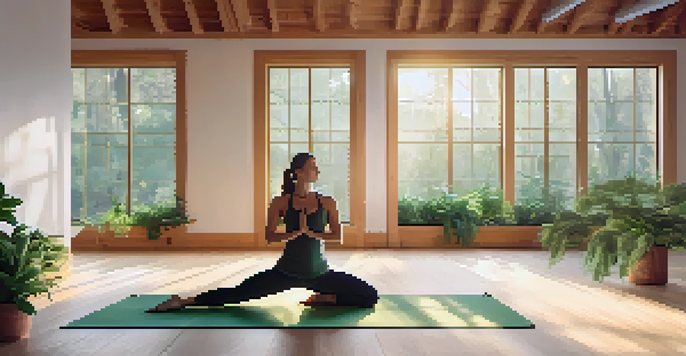 A person doing a static stretch on a yoga mat in a bright, serene studio with plants and warm wood decor.