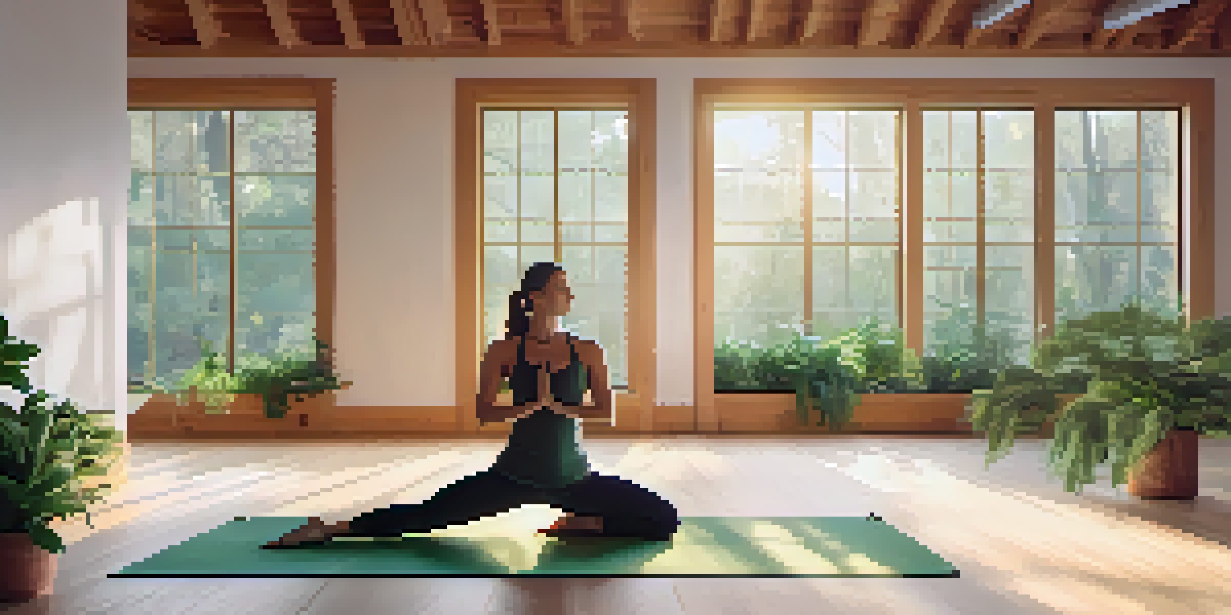A person doing a static stretch on a yoga mat in a bright, serene studio with plants and warm wood decor.