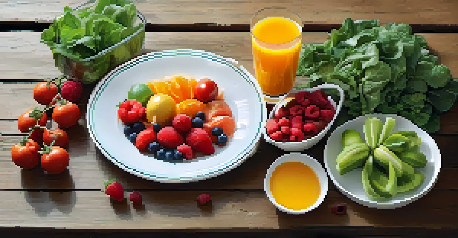A plate of colorful healthy foods including fruits and vegetables on a rustic wooden table.