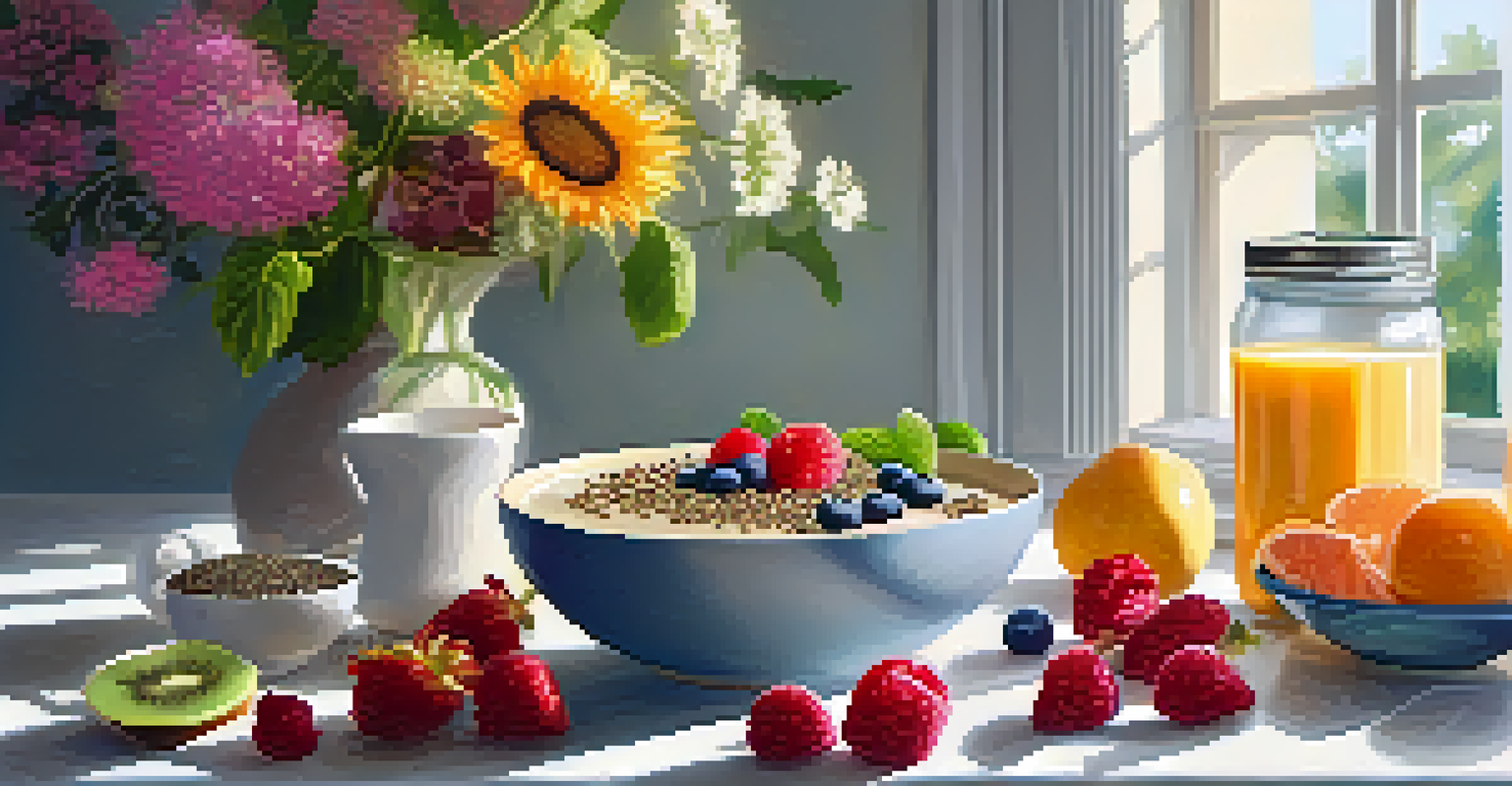 A breakfast table with a smoothie bowl topped with flaxseeds, chia seeds, and fruits, alongside a cup of herbal tea and flowers.