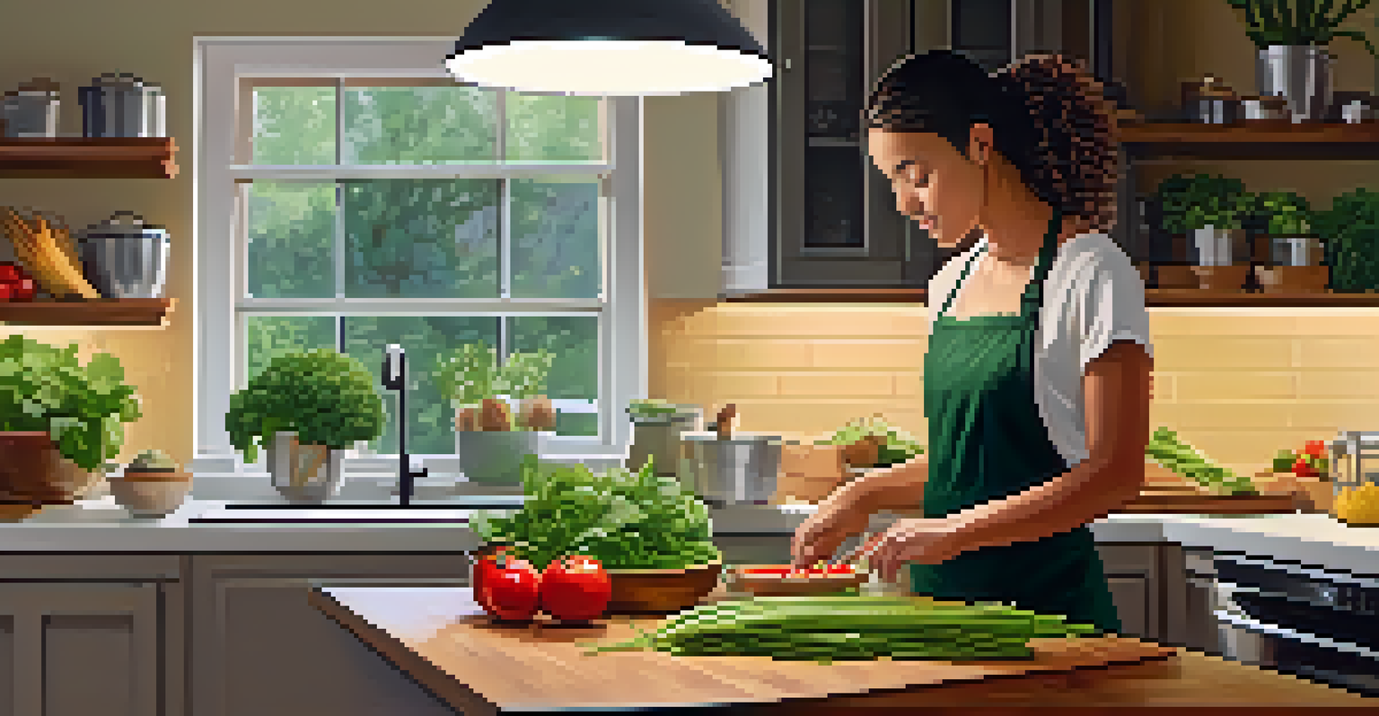 A kitchen scene with a person chopping vegetables on a cutting board, surrounded by fresh whole foods, illuminated by warm lighting.
