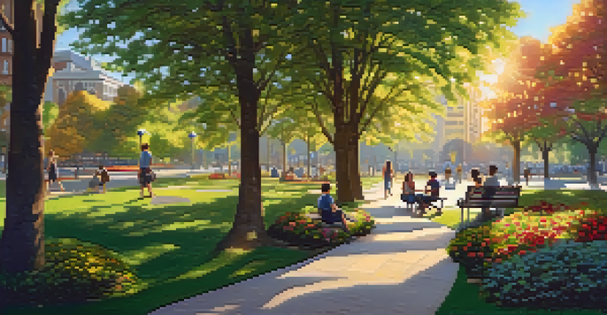 A peaceful city park filled with green trees and colorful flowers, with people enjoying various activities in the warm sunlight.