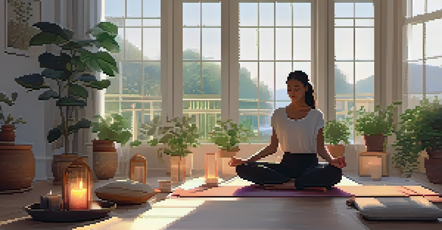 A person meditating on a yoga mat in a calm room filled with plants and natural light, creating a peaceful atmosphere.