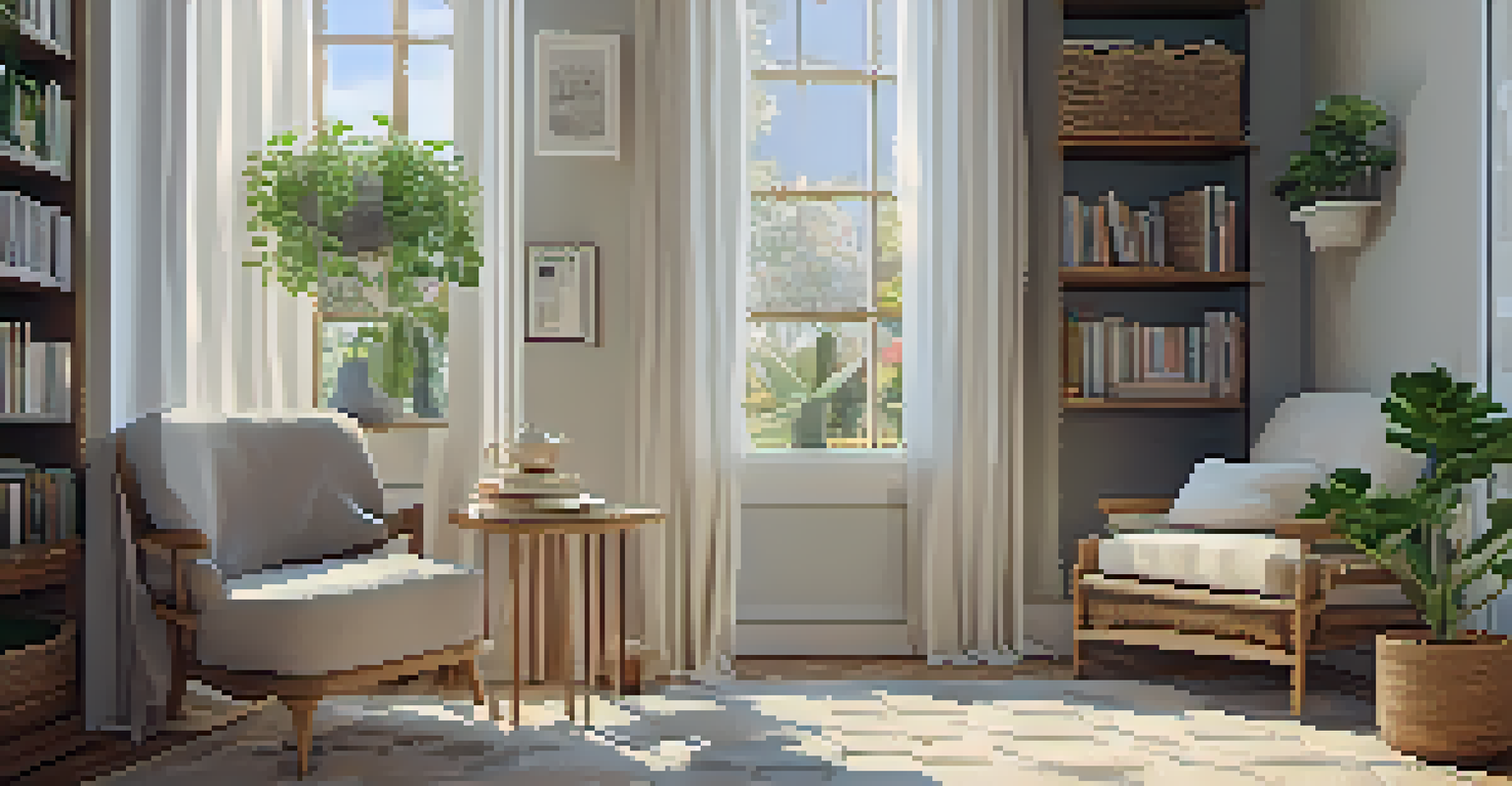A cozy reading nook with a plush armchair, a cup of tea, and a stack of books, illuminated by natural light from a window.