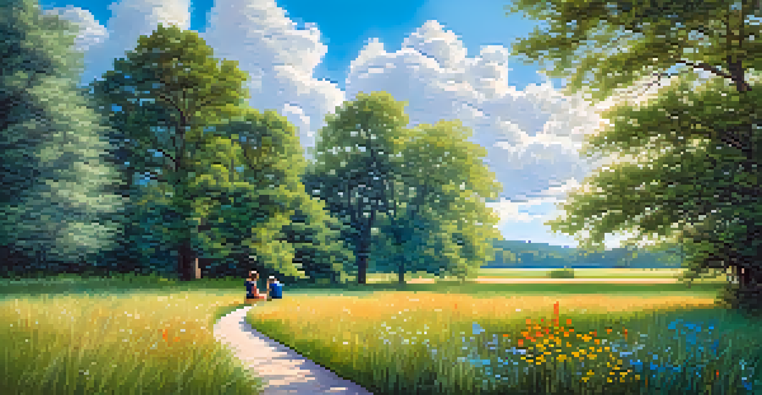 A peaceful park with a walking path, flowers, and a person practicing mindfulness on the grass, under a bright blue sky with clouds.