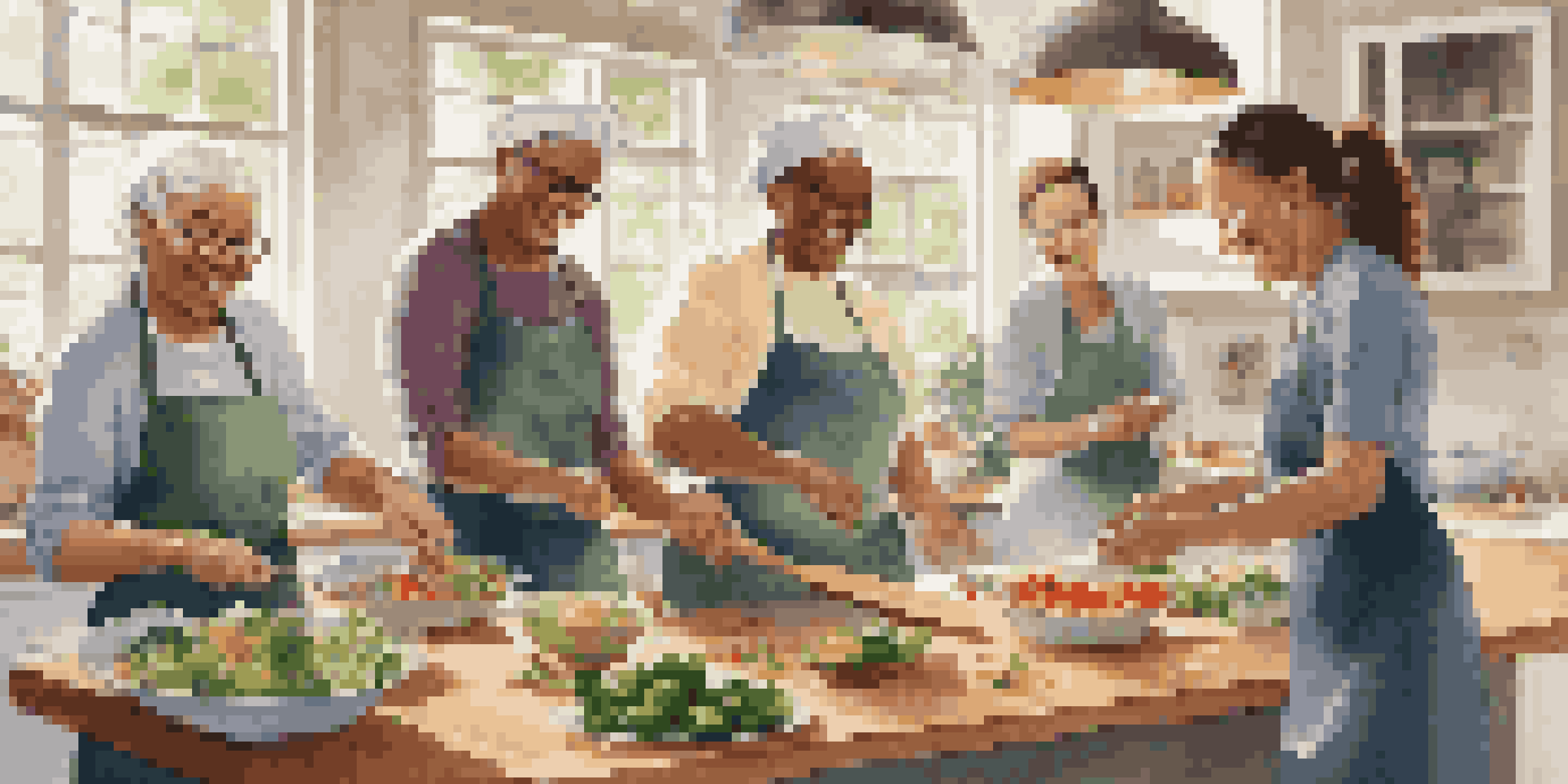 A diverse group of people participating in a hands-on cooking class in a bright kitchen, chopping vegetables and cooking together under the guidance of a chef.