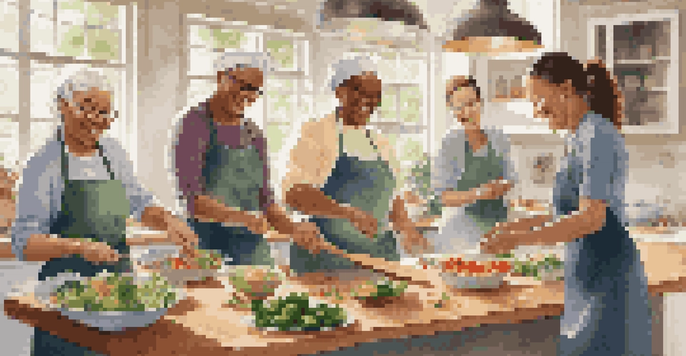 A diverse group of people participating in a hands-on cooking class in a bright kitchen, chopping vegetables and cooking together under the guidance of a chef.