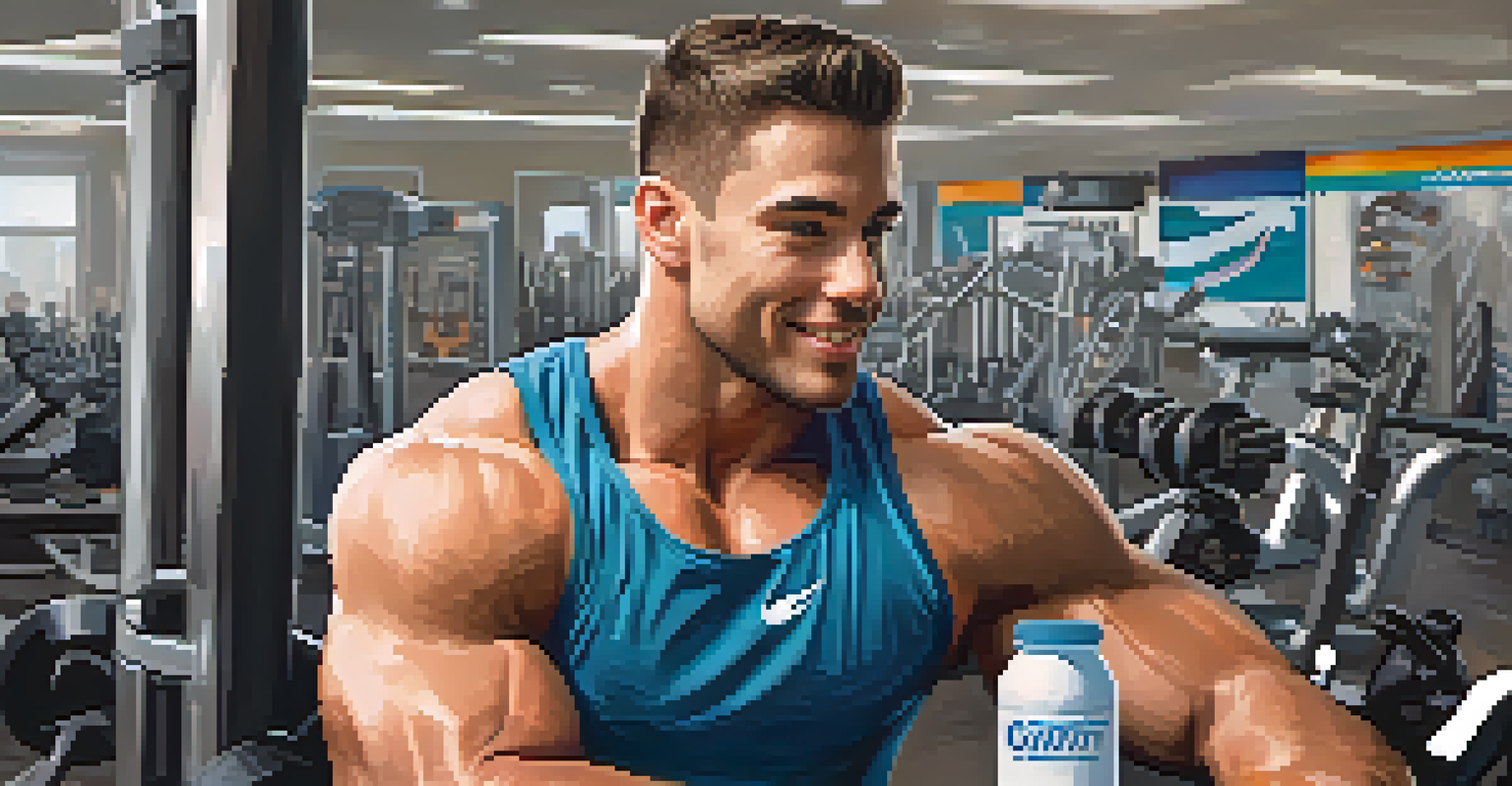 An athlete relaxing on a gym bench, drinking from a shaker after a workout.