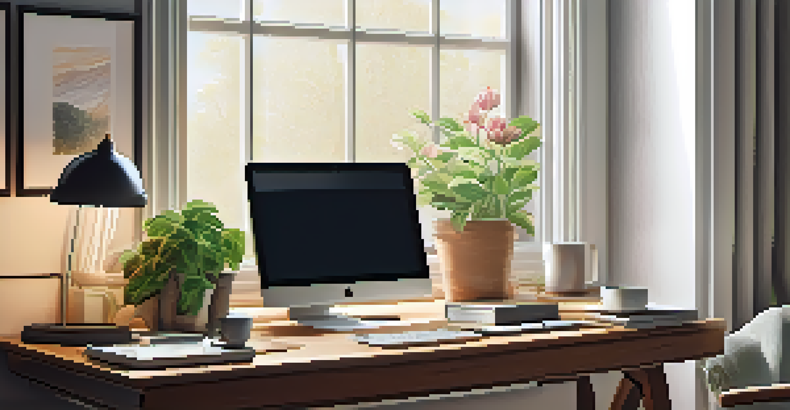 A cozy home office with a laptop, tea, and a plant, illuminated by natural light through a window.