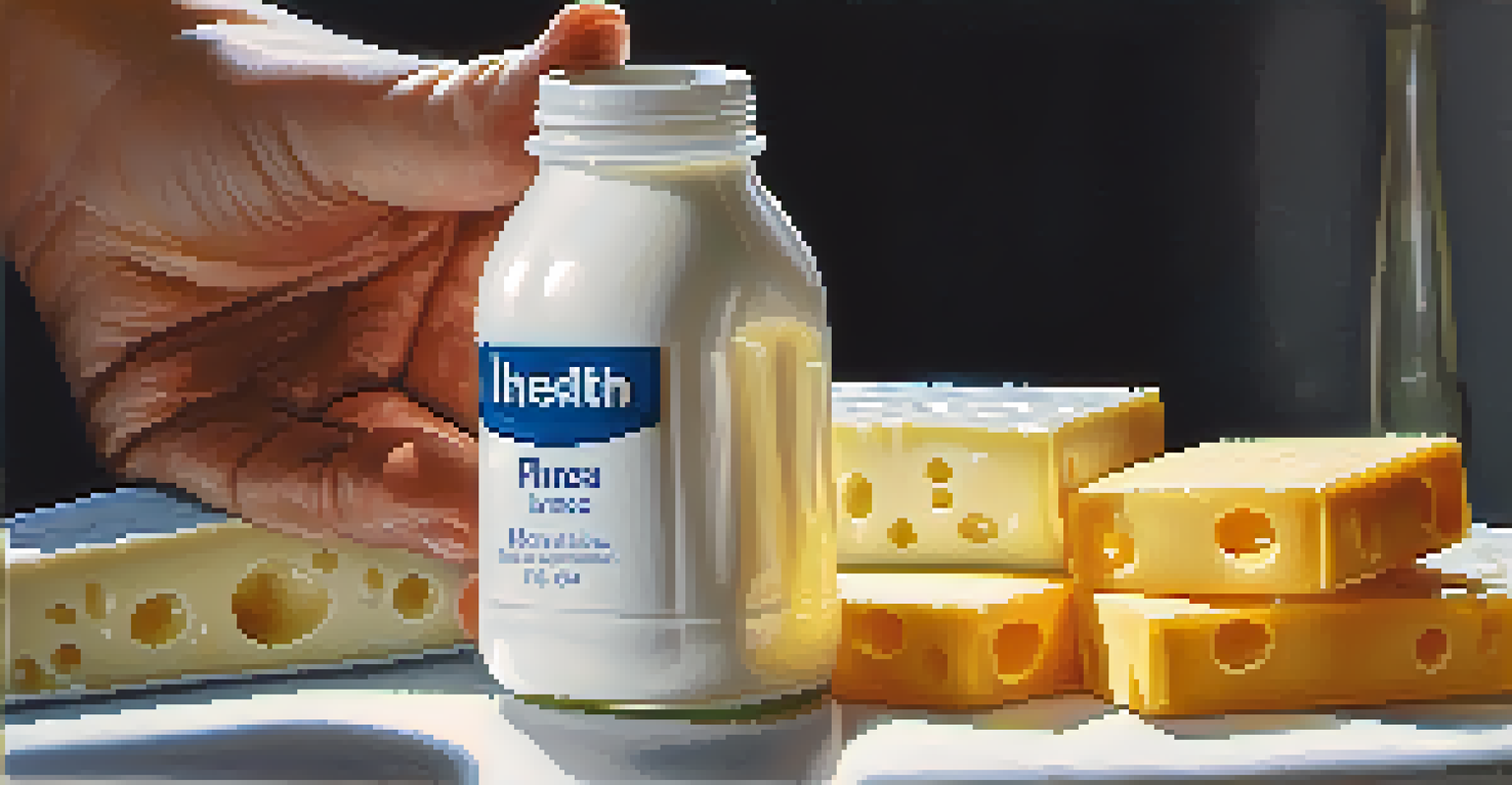 A hand holding a vitamin D supplement bottle in front of milk and cheese, with a bright and inviting atmosphere.