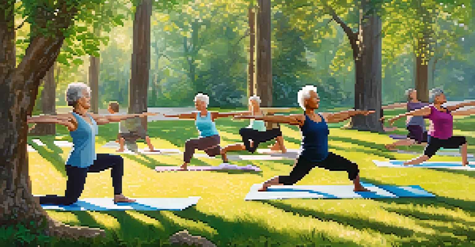 A group of seniors practicing yoga outdoors in a peaceful garden setting, with greenery and sunlight creating a serene atmosphere.
