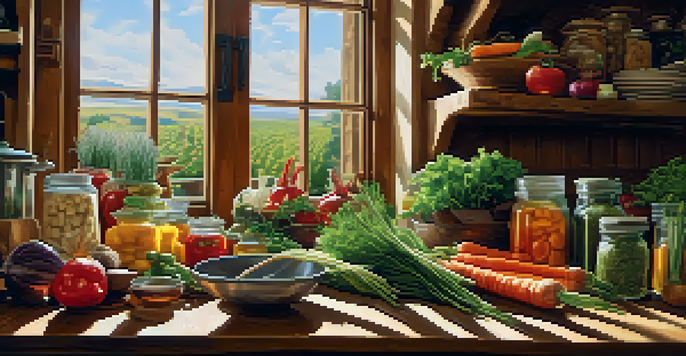 A rustic kitchen with a table full of colorful seasonal vegetables and herbs, illuminated by warm sunlight, with a chef chopping ingredients.