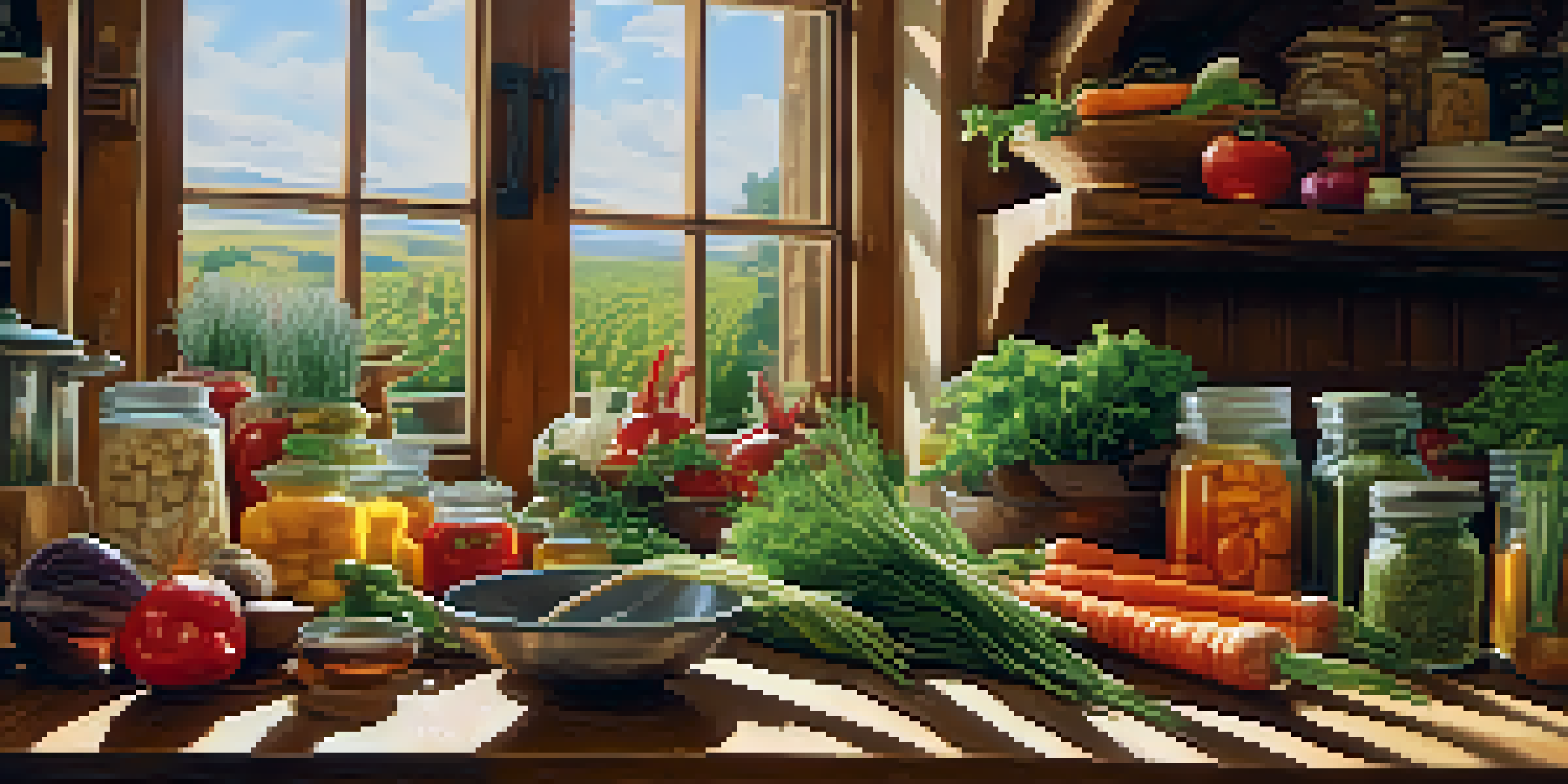 A rustic kitchen with a table full of colorful seasonal vegetables and herbs, illuminated by warm sunlight, with a chef chopping ingredients.