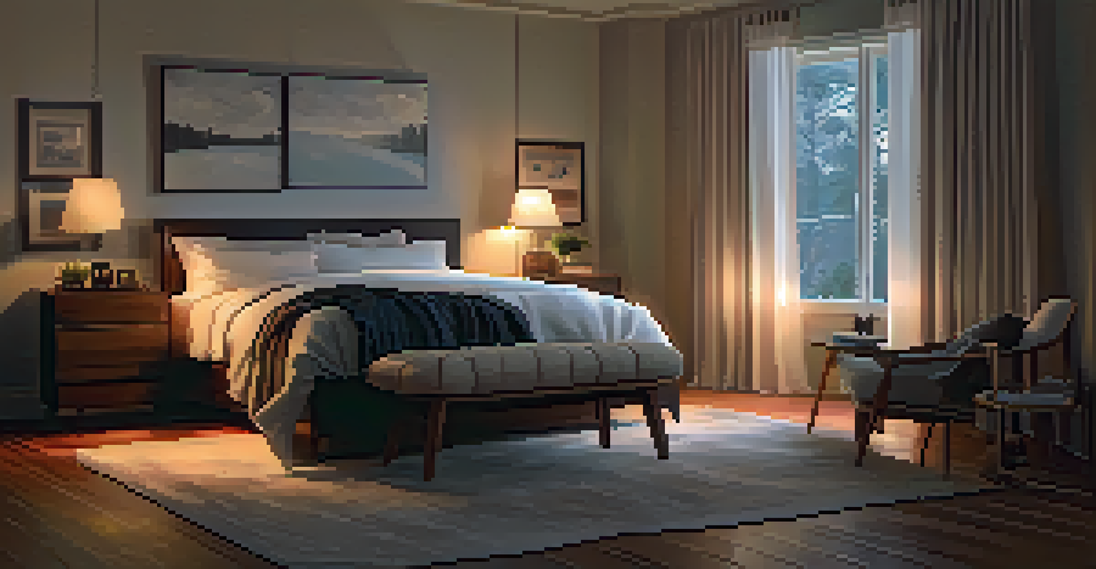 A cozy bedroom with warm lighting, dimmed lamps, and light-blocking curtains, creating a restful atmosphere for sleep.