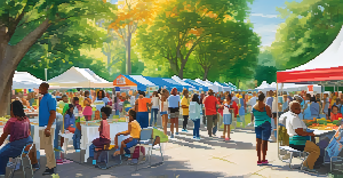 A lively outdoor health fair with various booths, colorful banners, and diverse participants engaging in health activities under bright sunlight in a local park.
