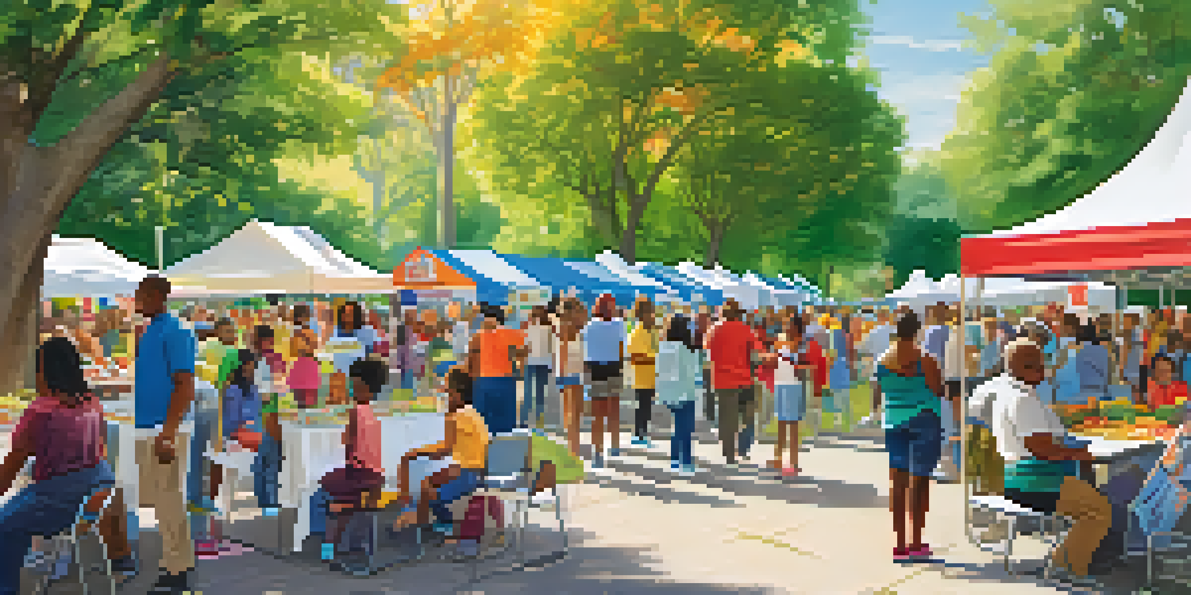 A lively outdoor health fair with various booths, colorful banners, and diverse participants engaging in health activities under bright sunlight in a local park.
