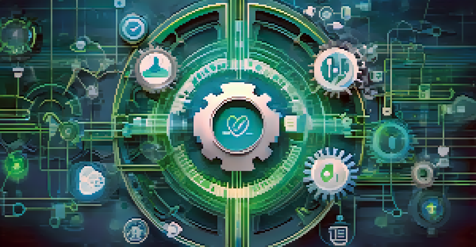 An abstract image showing interconnected gears and digital icons representing interoperability in healthcare, with a glowing central hub.