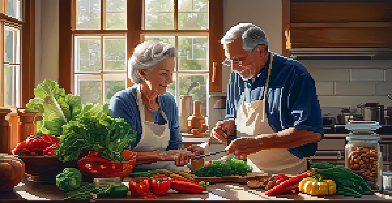A senior couple in a cozy kitchen preparing a healthy meal with fresh vegetables and nuts.