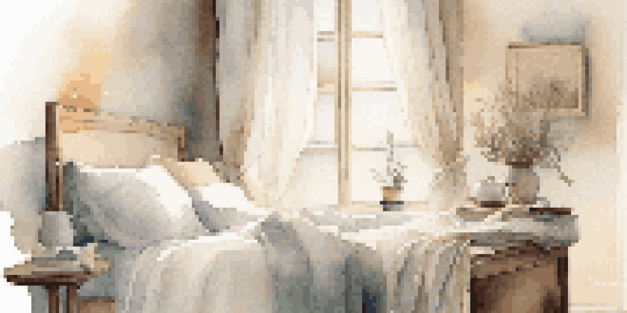 A cozy bedroom with a made bed, soft pillows, morning light coming through curtains, and a bedside table with tea and a book.