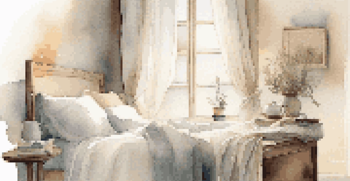 A cozy bedroom with a made bed, soft pillows, morning light coming through curtains, and a bedside table with tea and a book.