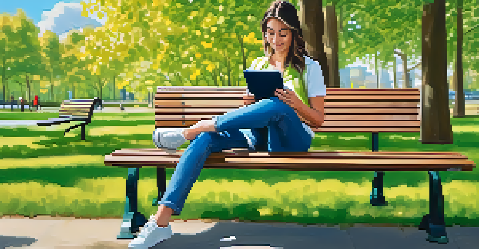 A person using a mental health app on a smartphone in a serene park.