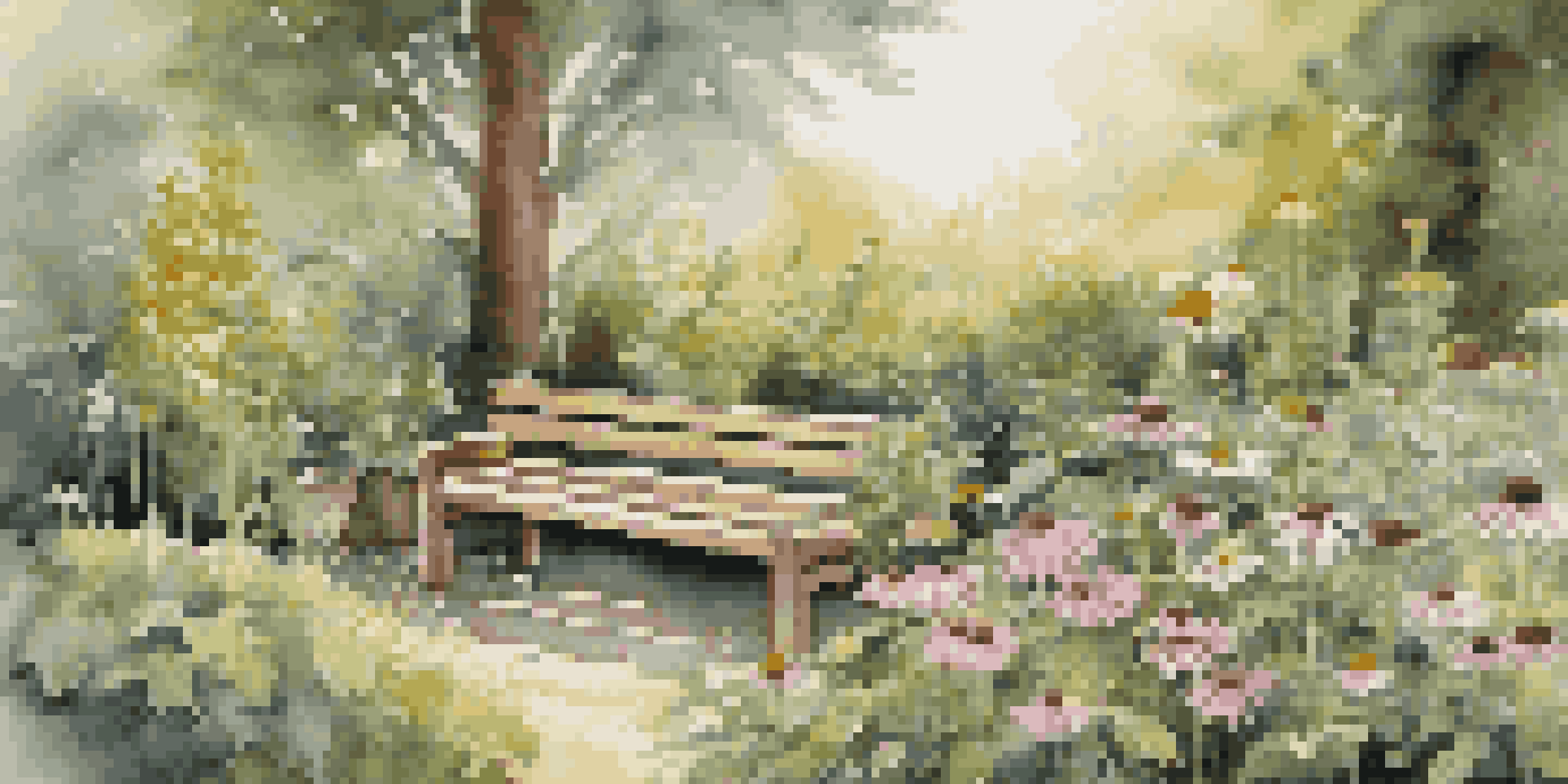 A lush herbal garden featuring various plants like echinacea, ginseng, and chamomile, with sunlight filtering through the leaves and a rustic wooden bench in the foreground.