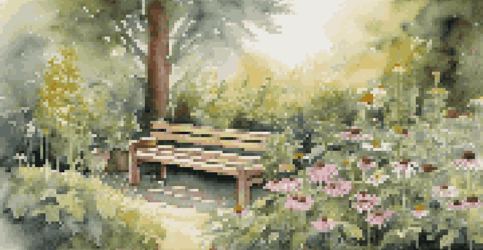 A lush herbal garden featuring various plants like echinacea, ginseng, and chamomile, with sunlight filtering through the leaves and a rustic wooden bench in the foreground.