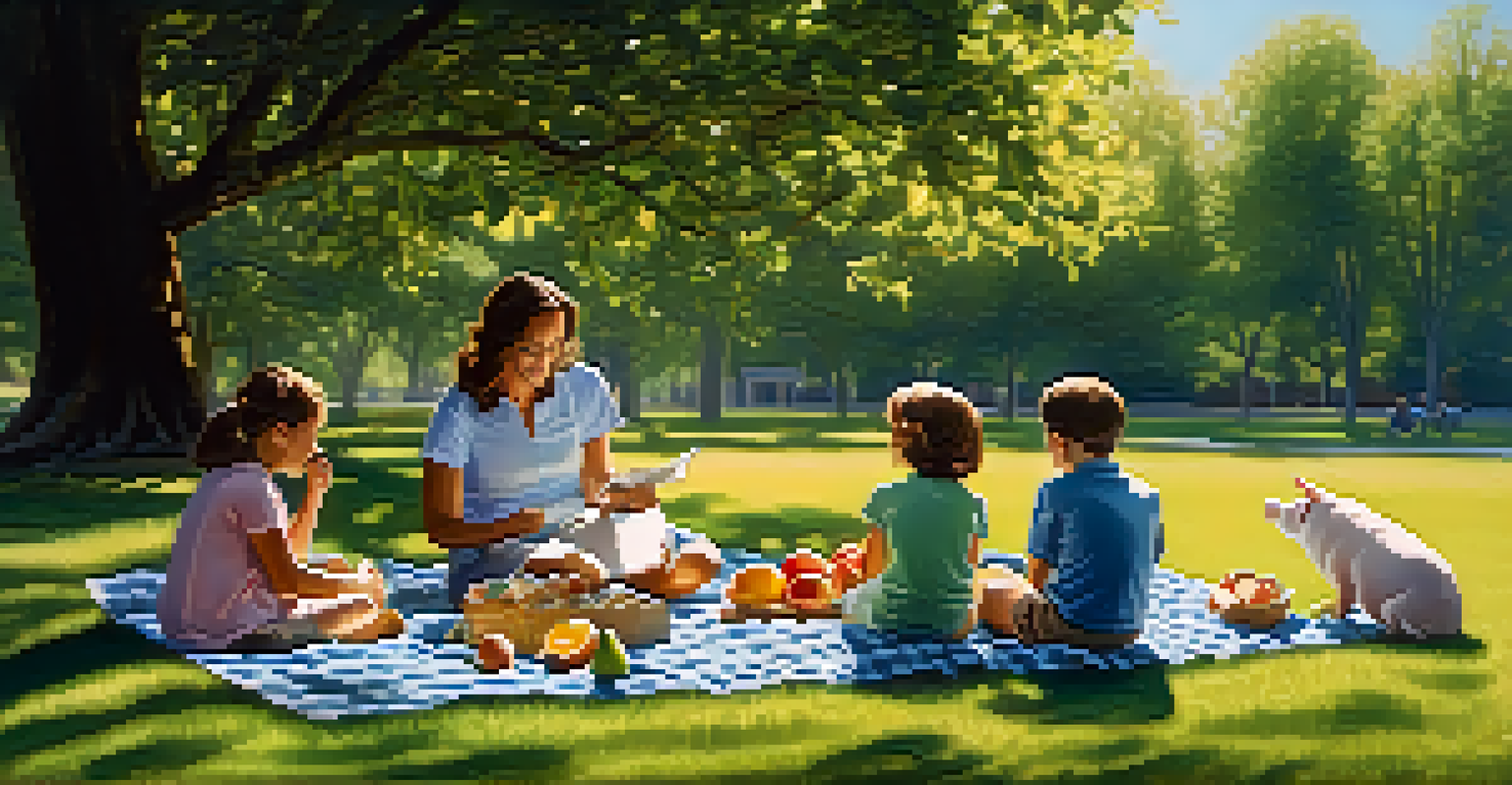 A family having a picnic in a park, with parents teaching their children about saving money, surrounded by nature.