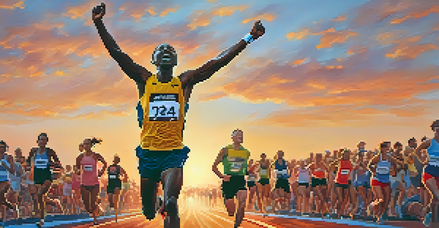A person celebrating at the finish line of a race during sunset, with a cheering crowd in the background.