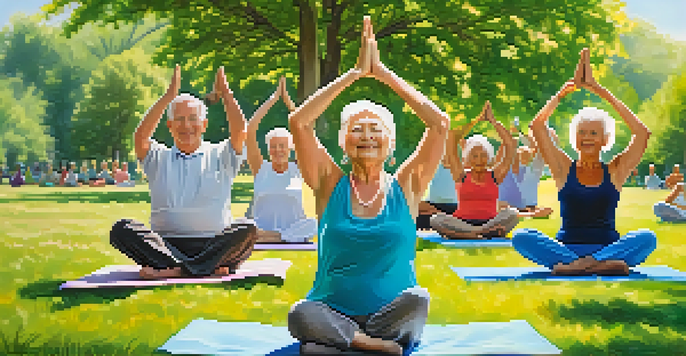 Seniors practicing yoga in a sunny park with green grass and flowers, promoting physical activity and mental wellness.