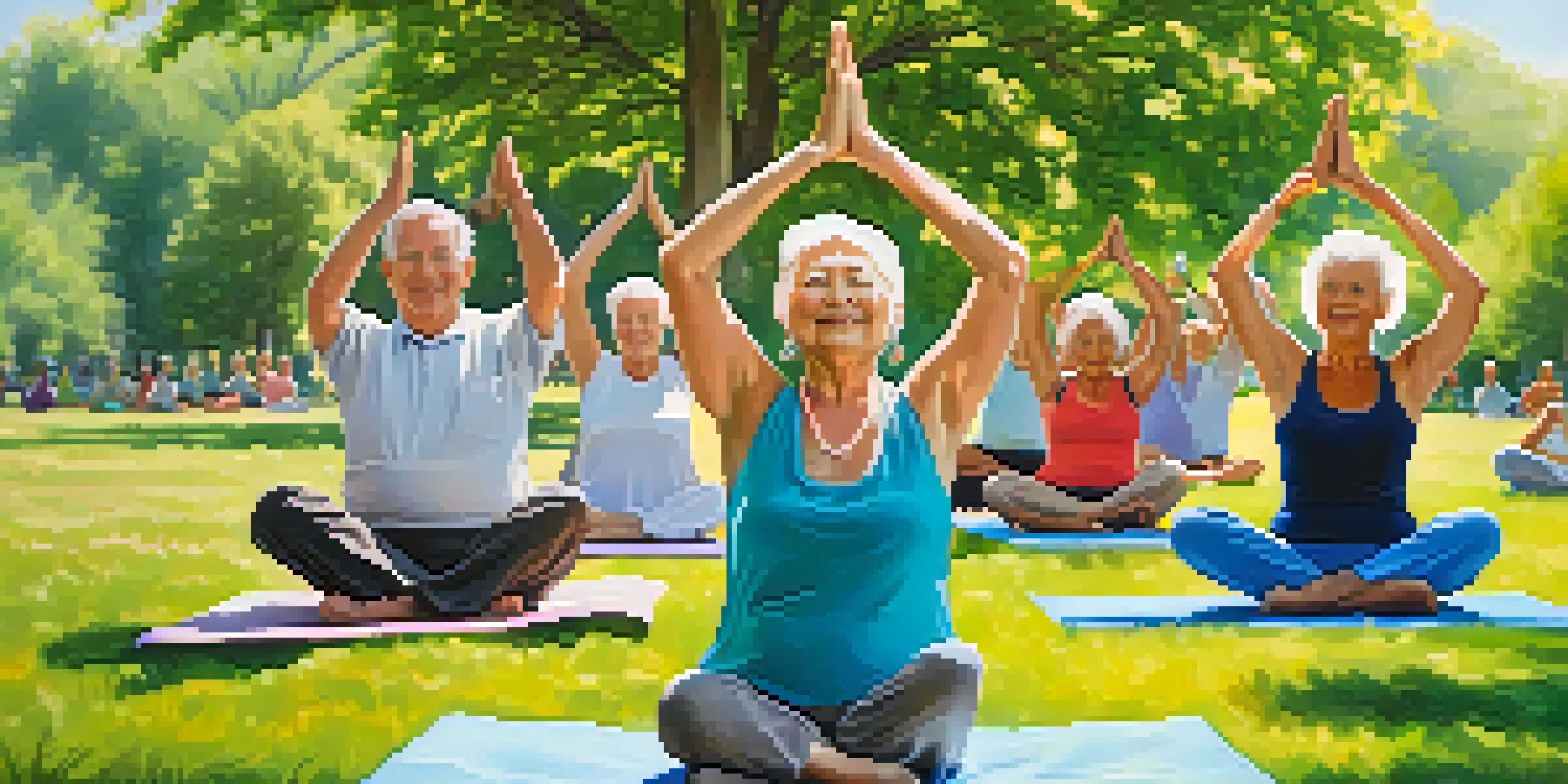 Seniors practicing yoga in a sunny park with green grass and flowers, promoting physical activity and mental wellness.