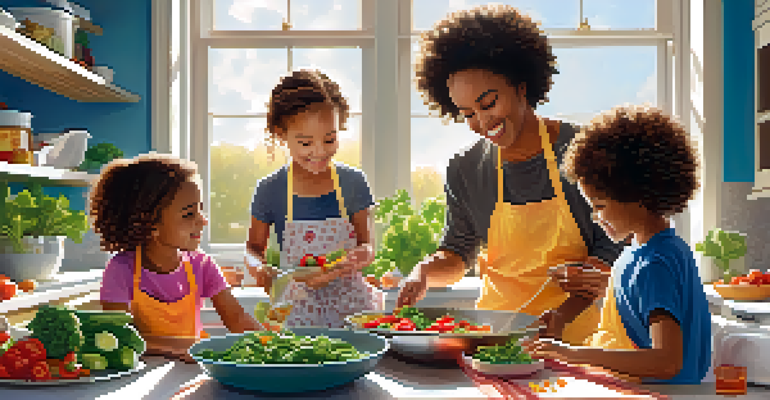 A family cooking together in a bright kitchen, surrounded by fresh ingredients and sunlight, showcasing collaboration and healthy living.
